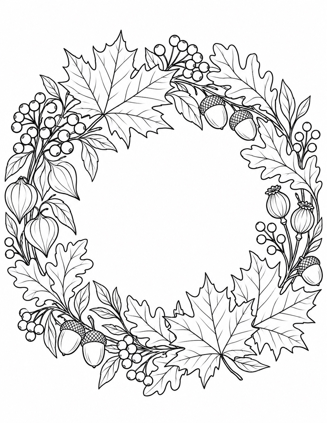 Autumn Botanical Wreath with maple leaves, oak leaves, berries and acorns