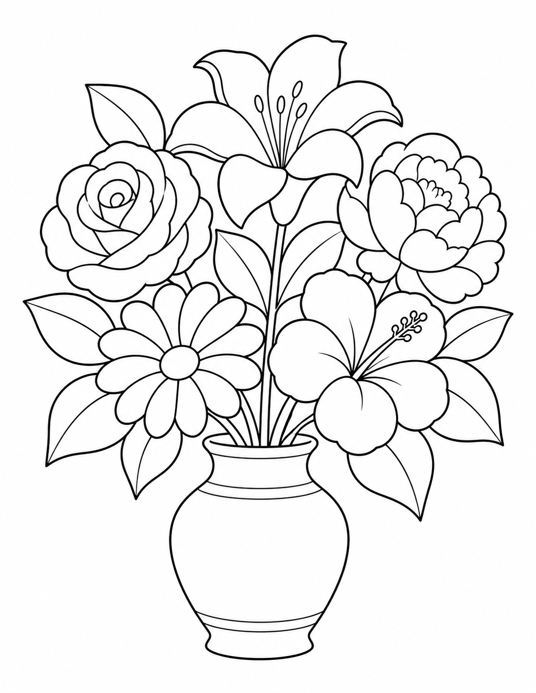 Bold botanical vase with five large flowers and broad leaves