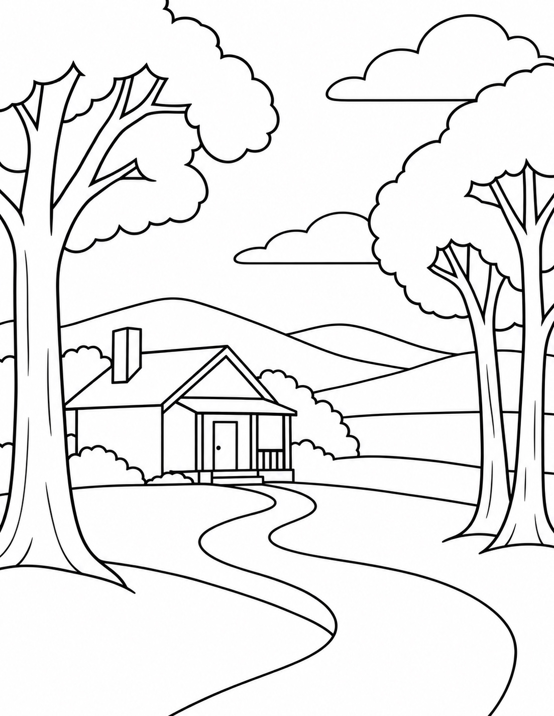 Cabin Among Fall Trees with a winding path and distant hills