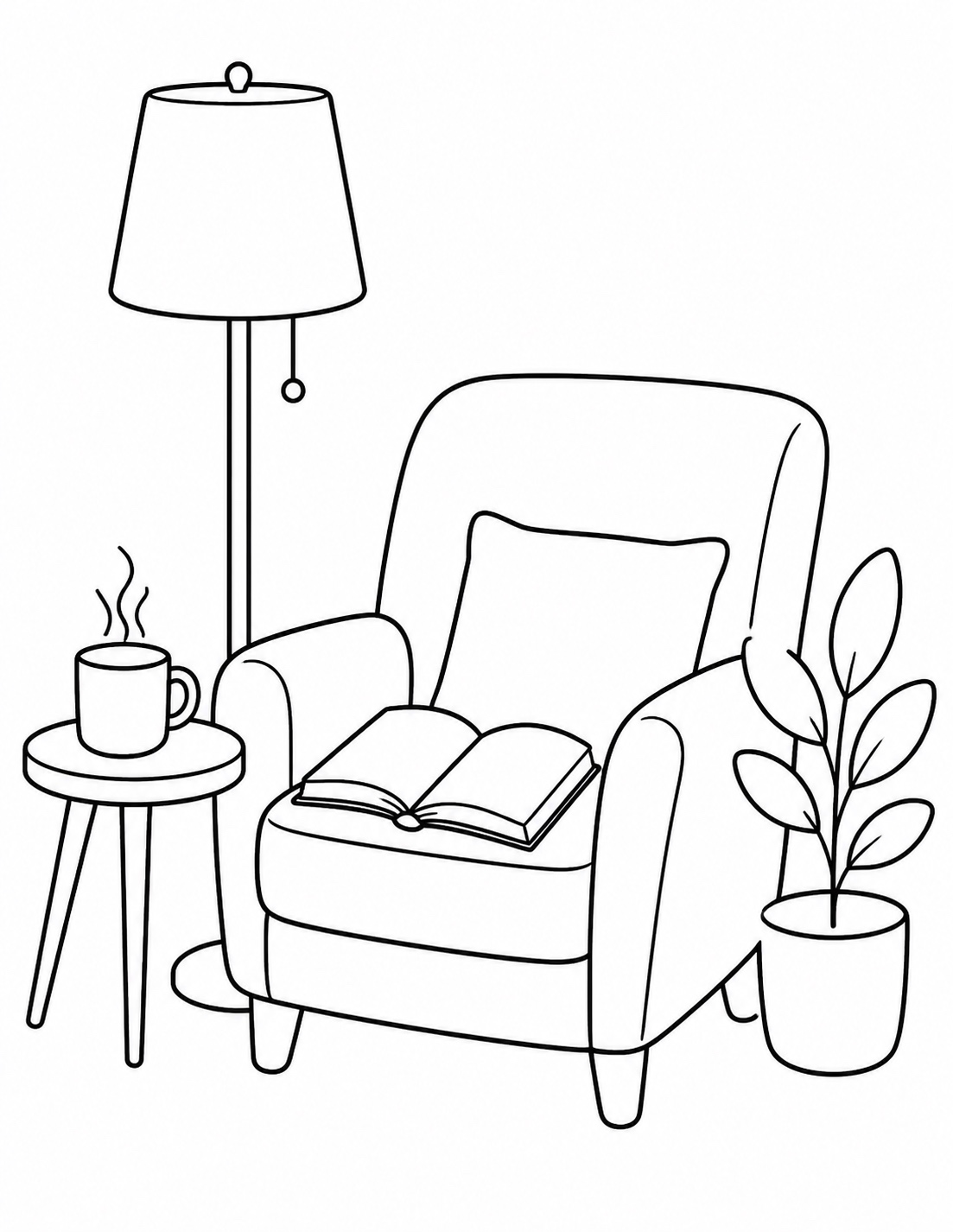Cozy Reading Nook with a chair, lamp, plant, mug and open book