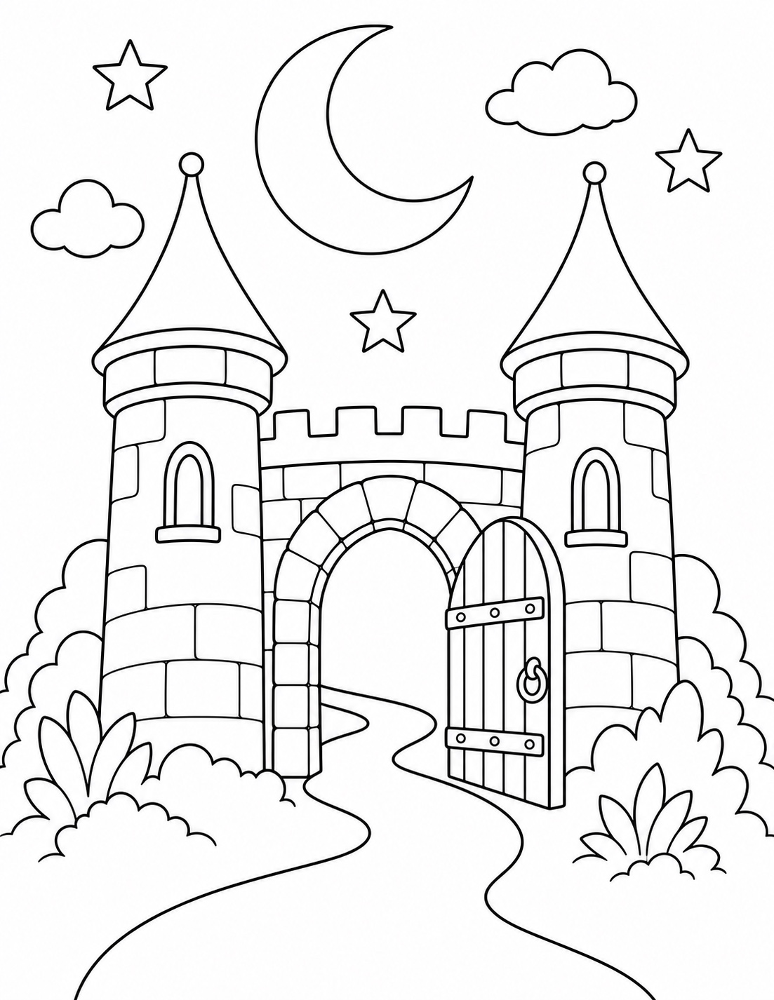 Fantasy Castle Gateway with two towers, an open gate and a crescent moon