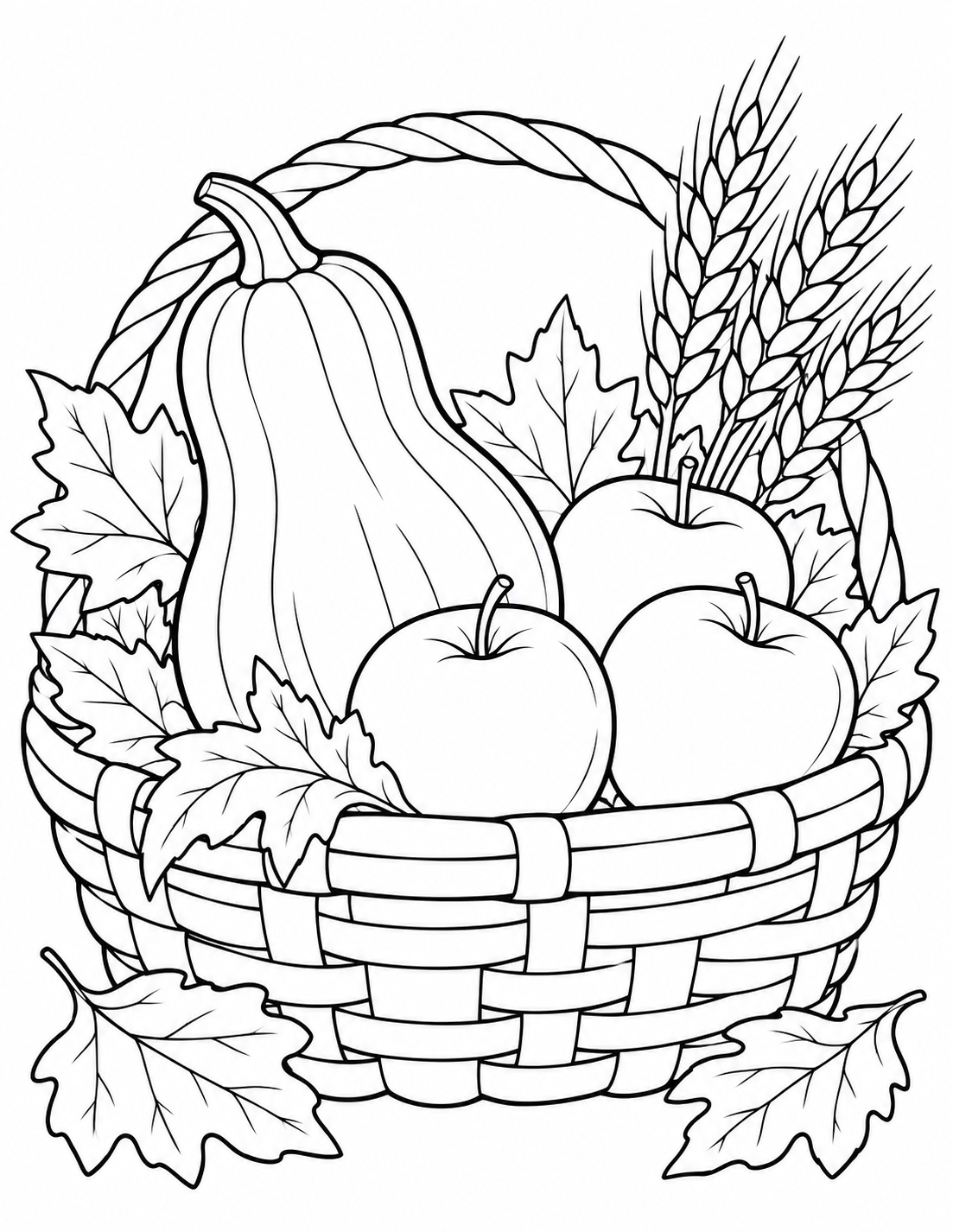 Harvest Basket with squash, apples, wheat and autumn leaves