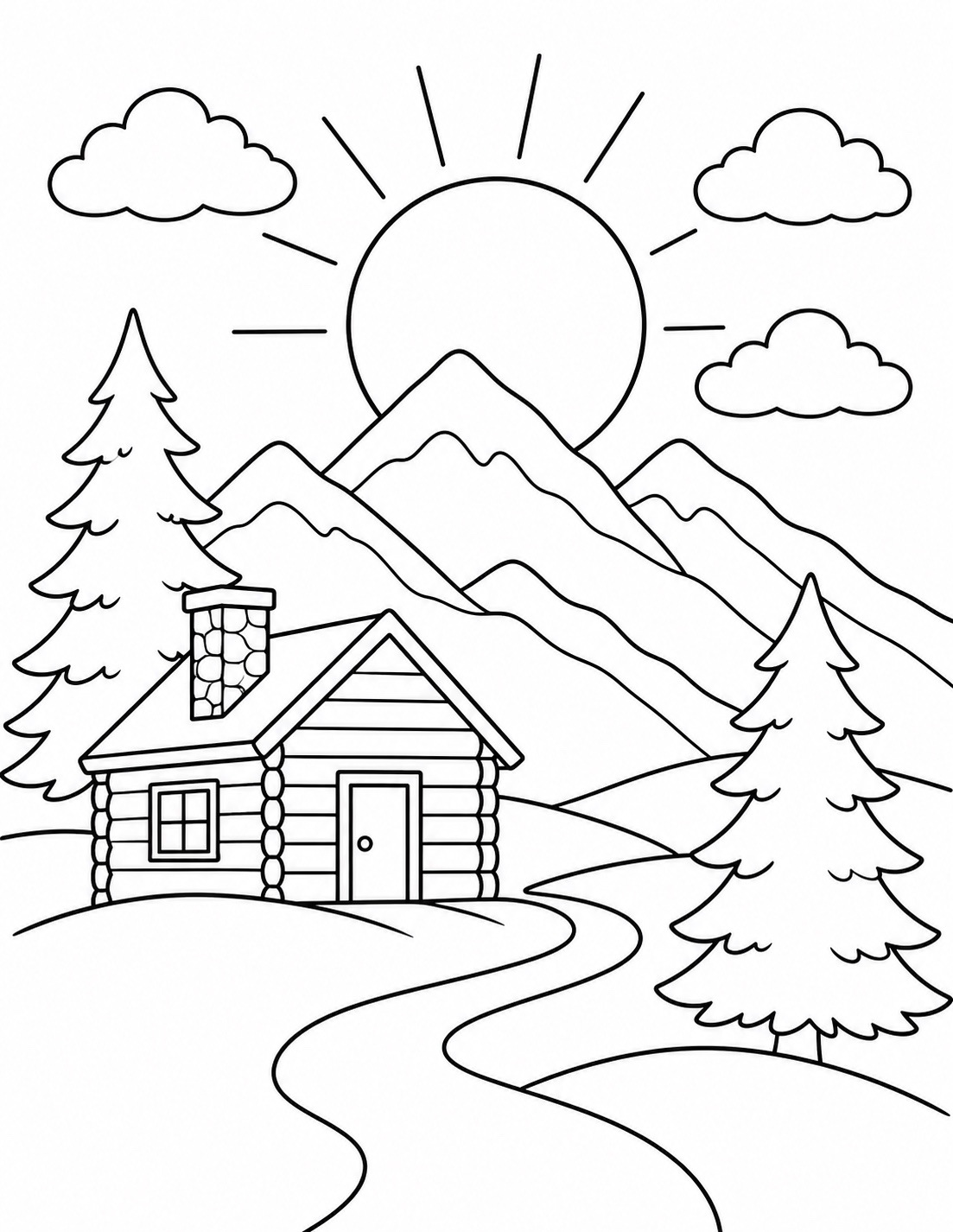 Mountain Cabin with an open sky, distant mountains and a winding path