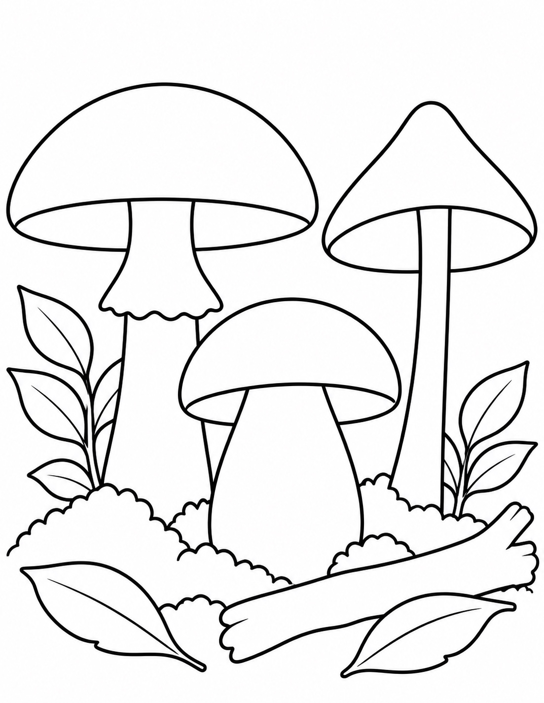 Mushroom Forest Floor with three mushrooms, leaves and a fallen branch