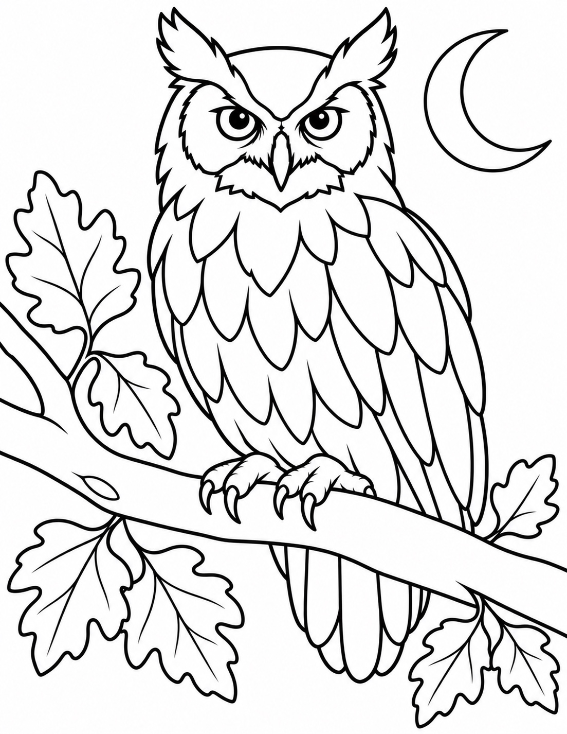 Owl on an Autumn Branch with oak leaves and a crescent moon