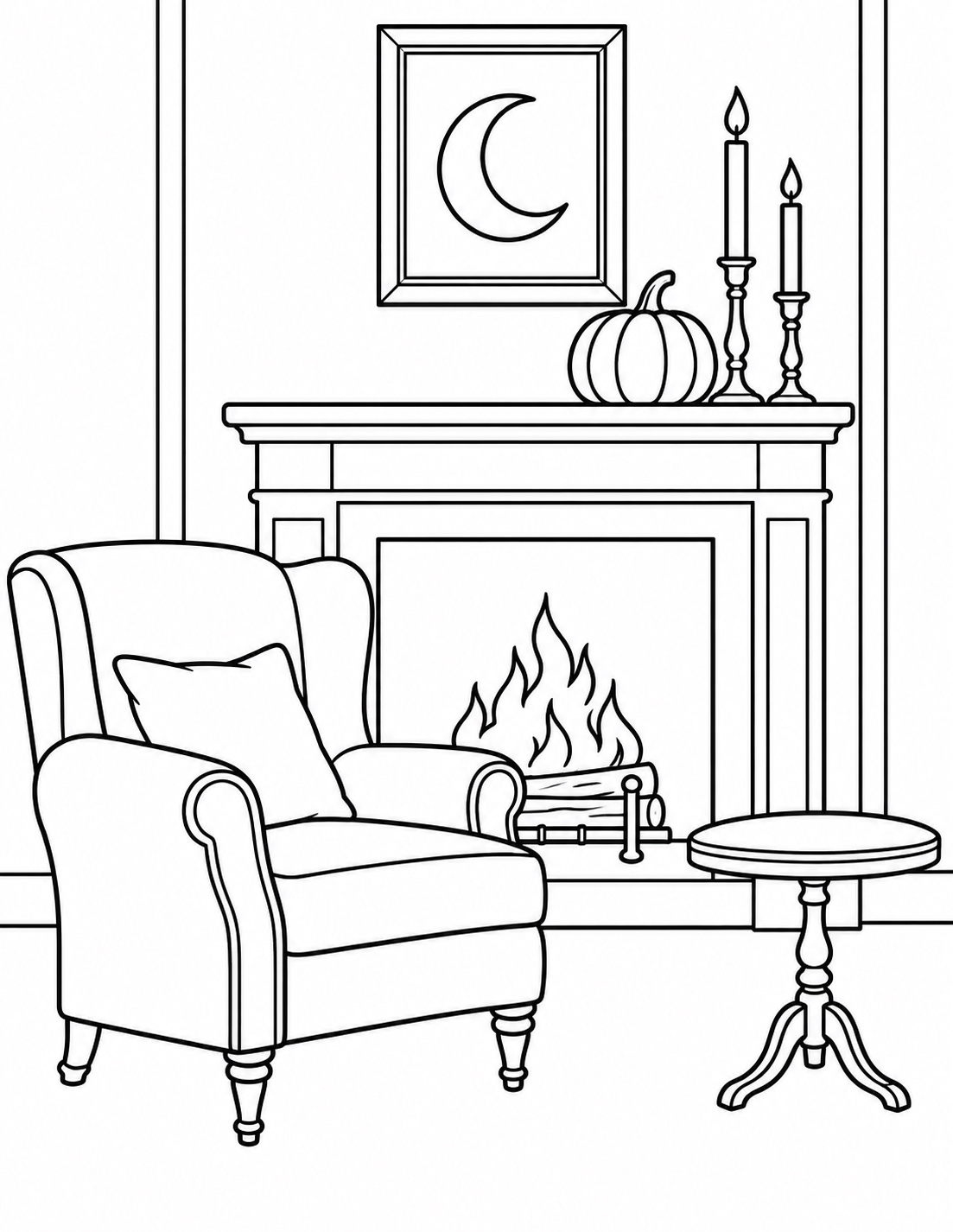 Simple Halloween Interior with an armchair, fireplace, candles and pumpkin