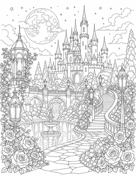 Moonlit fantasy castle garden with roses, bridges and a reflecting pool