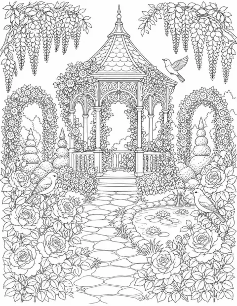 Secret garden gazebo with roses, wisteria, birds and pond