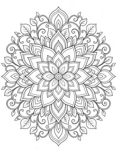 Floral lotus mandala with layered petals, leaves and curling vines