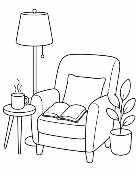Chair, lamp, plant, mug and open book
