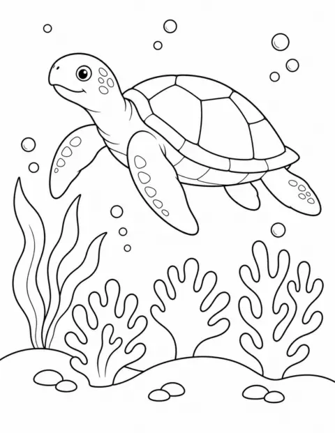 Sea turtle with broad underwater shapes and coral