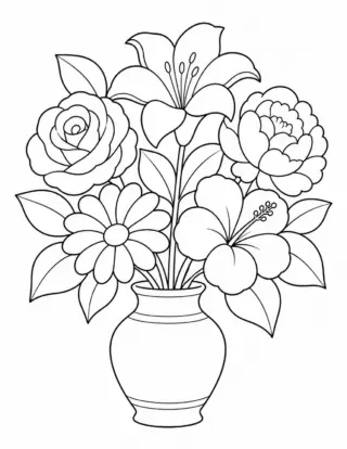 Uncolored printable with five large flowers and broad leaves in a botanical vase