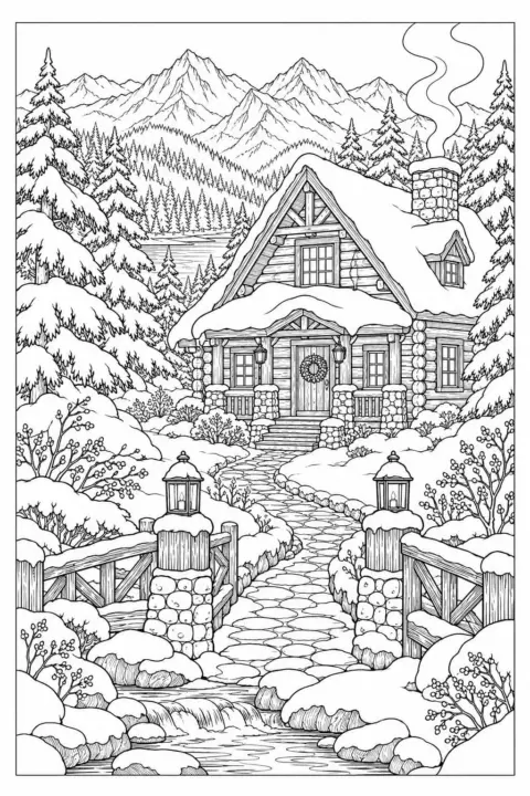 Snowy woodland cabin winter coloring page